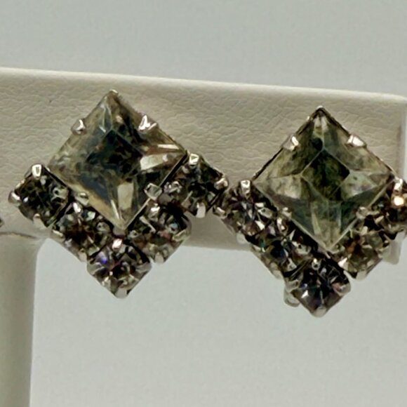 VTG Screw-Back Earring Lot x2 | Rhinestone | Geometric & Floral Sparkle - Picture 8 of 9